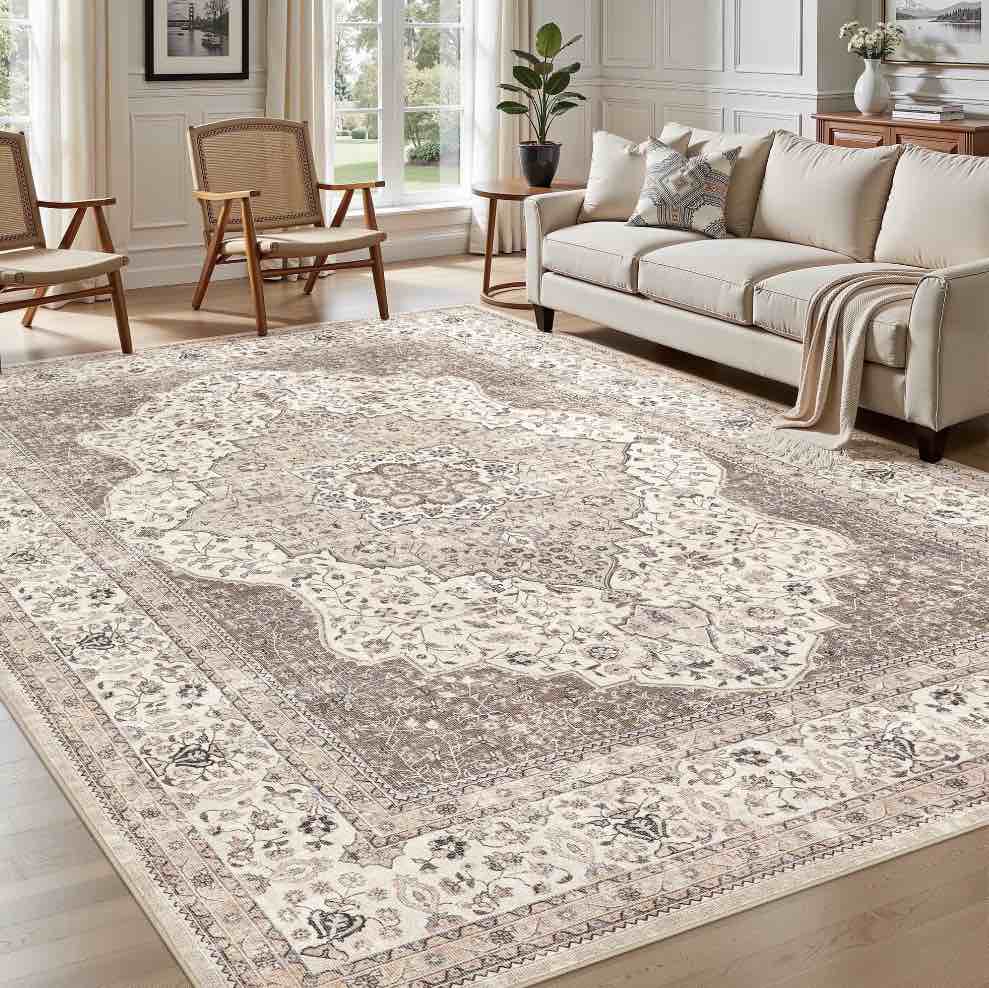uermei 10 x14 washable area rugs for living room vintage floral boho printed carpet non slip indoor rug for bedroom home decor carpets - brown