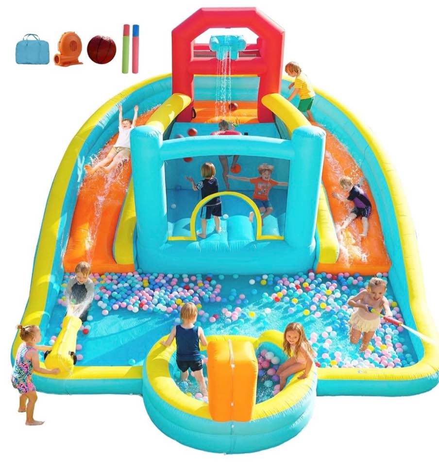 Condition photo showing New/Like New for patbrela 9 in 1 large inflatable water slide bounce house ,211" x 104" x 143",with 750w blower,2 water slides, 2 water blasters,double blow up splash,deep pool,basketball hoop,water canon