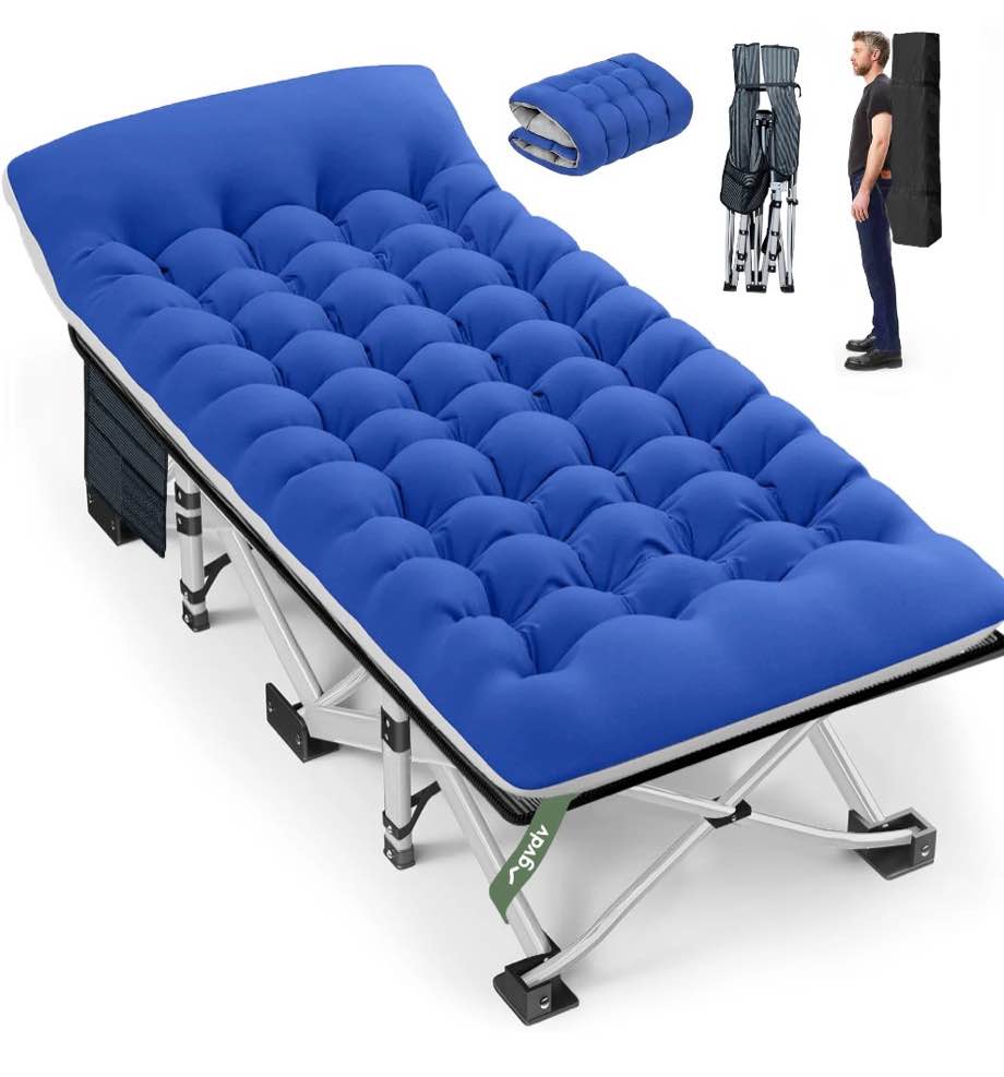 gvdv folding camping cot for adults with 2 sided mattress - 75" x 28" cot, 1200d oxford portable cot bed with carry bag for camp travel guest, blue