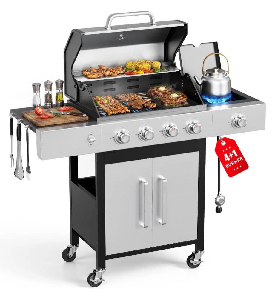 furnibear 3 burner gas grill with side burner 40800 btu barbecue grill propane stainless steel bbq grill with porcelain-enameled cast iron grates for outdoor cooking