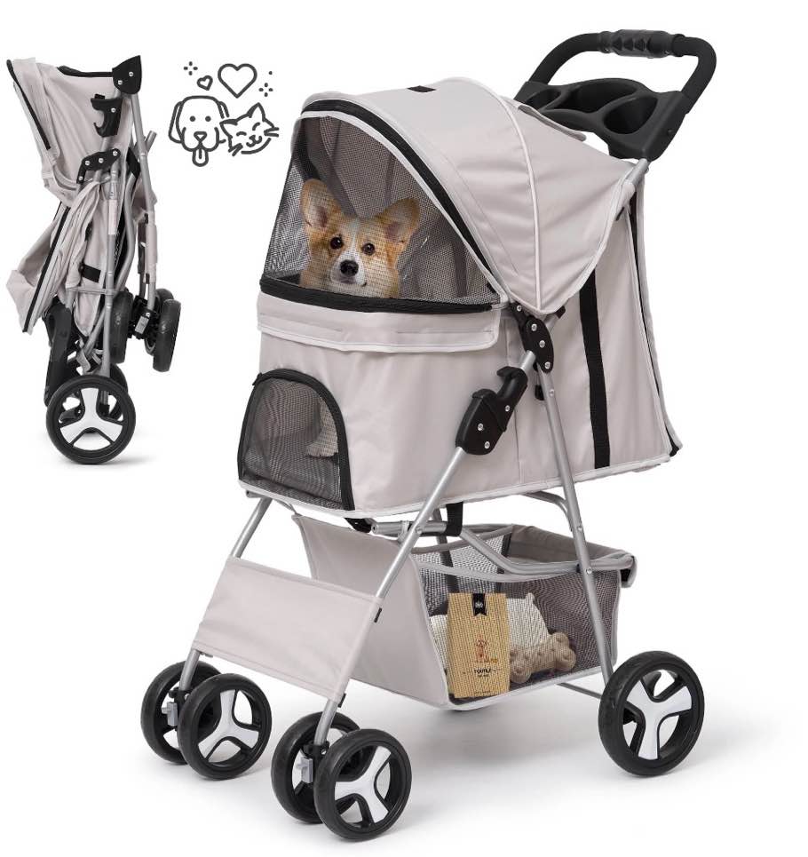 naipo pet dog stroller for small dogs and cats,one-click folding 4-wheel pet stroller with storage basket/cup holder,for travel/jogging, gray