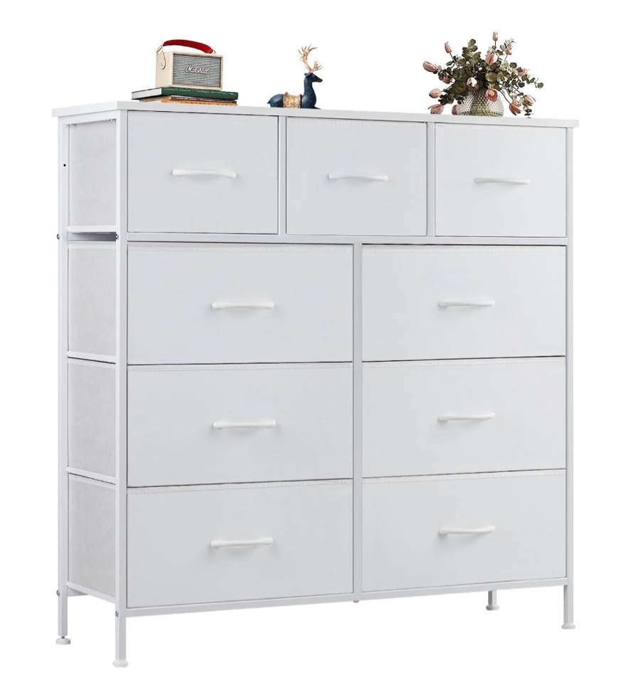 edx fabric storage dresser with 9 drawers, steel frame and wooden top for bedroom, closet and entryway , white