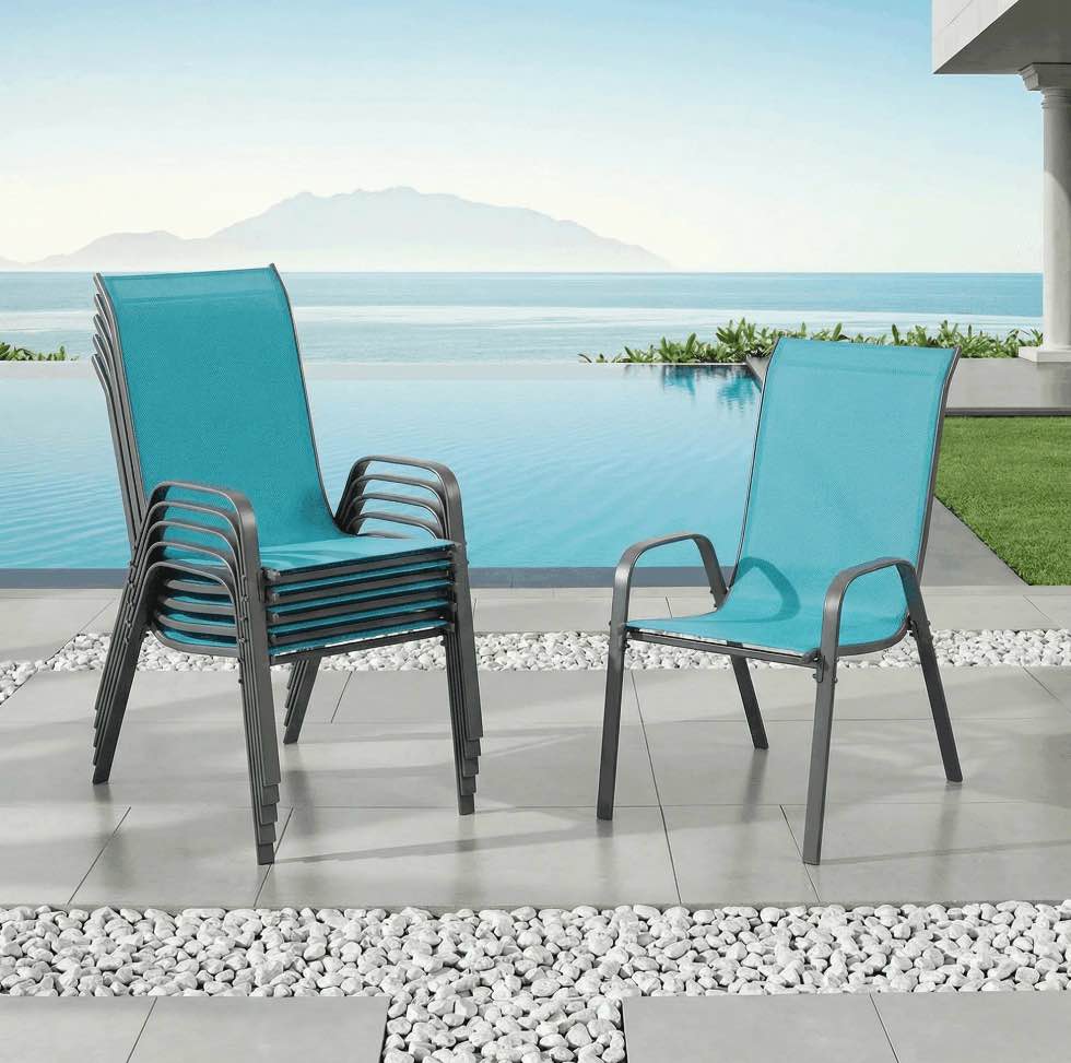 Condition photo showing New/Like New for pirecart patio dining chairs set of 6, outdoor stackable dining chairs 330lbs capacity heavy duty textilene fabric patio furniture for backyard garden poolside, sky blue