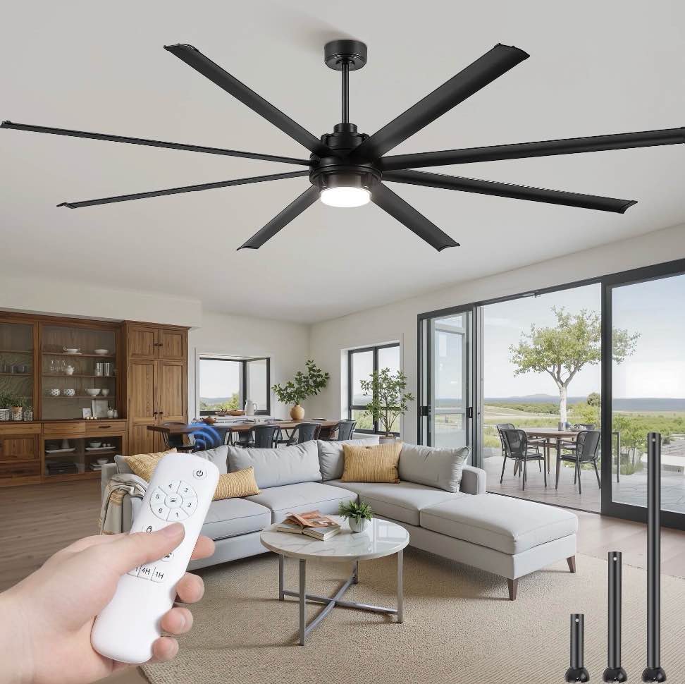 Zardon 96in Large Ceiling Fan with Light and Remote Control, Industrial Ceiling Fan with 6 Speeds Reversible for Indoor, Outdoor, Garage, Black