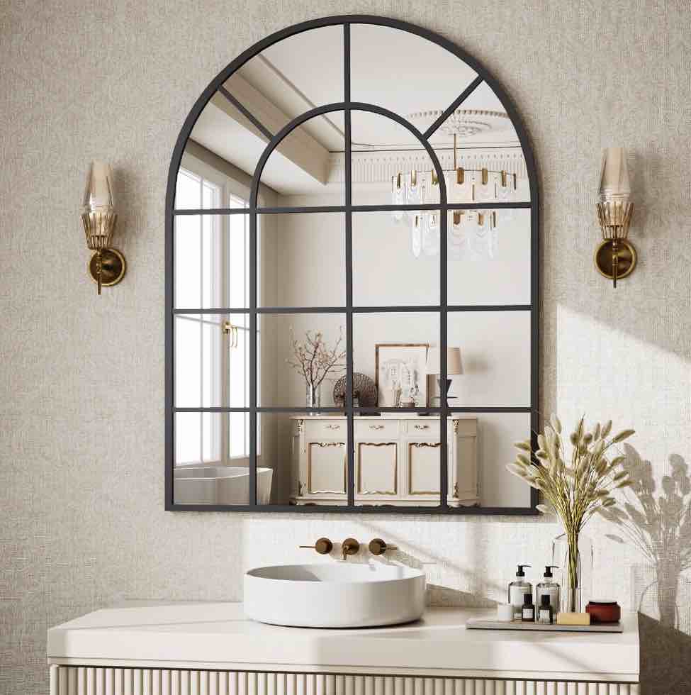 beautypeak 40" x 30" arched windowpane mirror decor wall mirror, black 30"w x 40"h