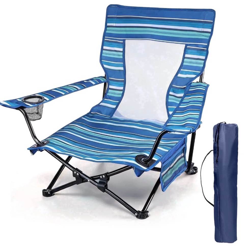 walchoice folding beach chair for adults, low seat camping chair with high back, wide seat chair with cup holder & carry bag, heavy duty portable chair for outdoor picnic travel - blue/white/green