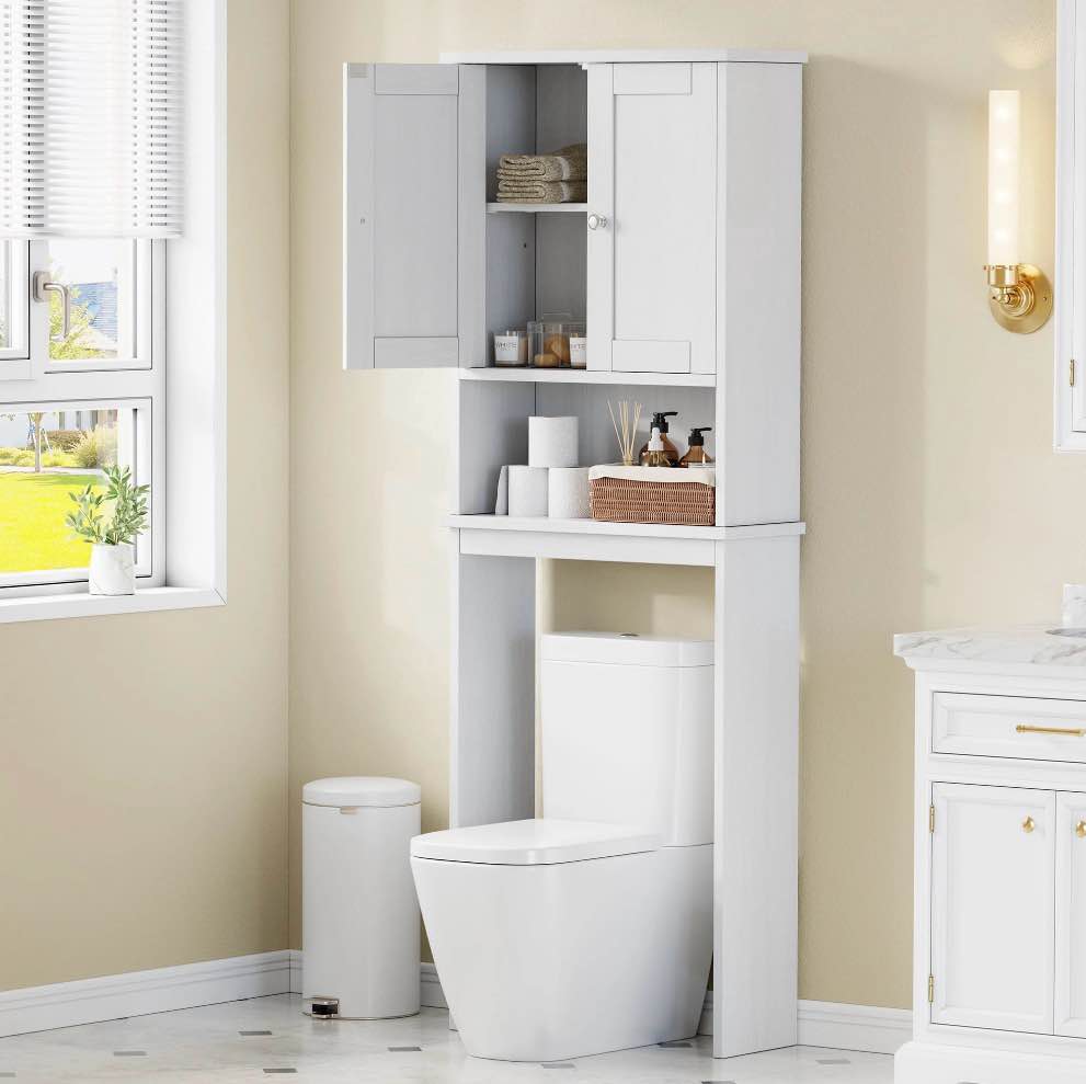 walsunny over the toilet storage cabinet bathroom shelves organizer space saver freestanding restroom shelf with doors anti-tip device adjustable shelf white