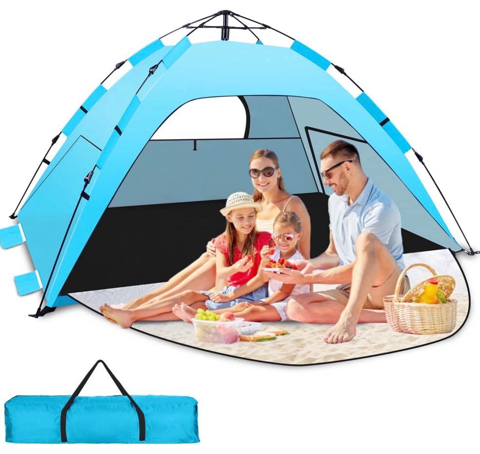 warmtuyo pop up beach tent for 2-3 person, upf 50+ sun shelter, portable extendable beach canopy, for camping, hiking, outdoor, with zip and privacy screen, -sky blue