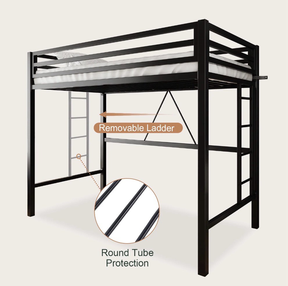Condition photo showing New/Like New for amolife twin size heavy duty metal loft bed with removable ladder & full-length guardrail black