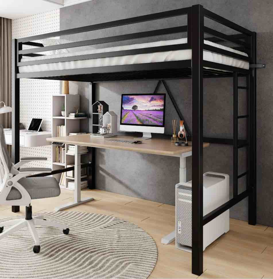 amolife twin size heavy duty metal loft bed with removable ladder & full-length guardrail  black