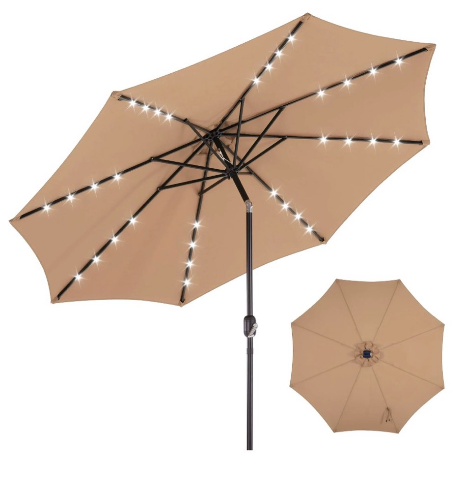 edx 10ft Solar 32 LED Lights Patio Umbrella with Tilt Adjustment and UV-Resistant Polyester Fabric?Market Umbrella for Outdoor, Khaki