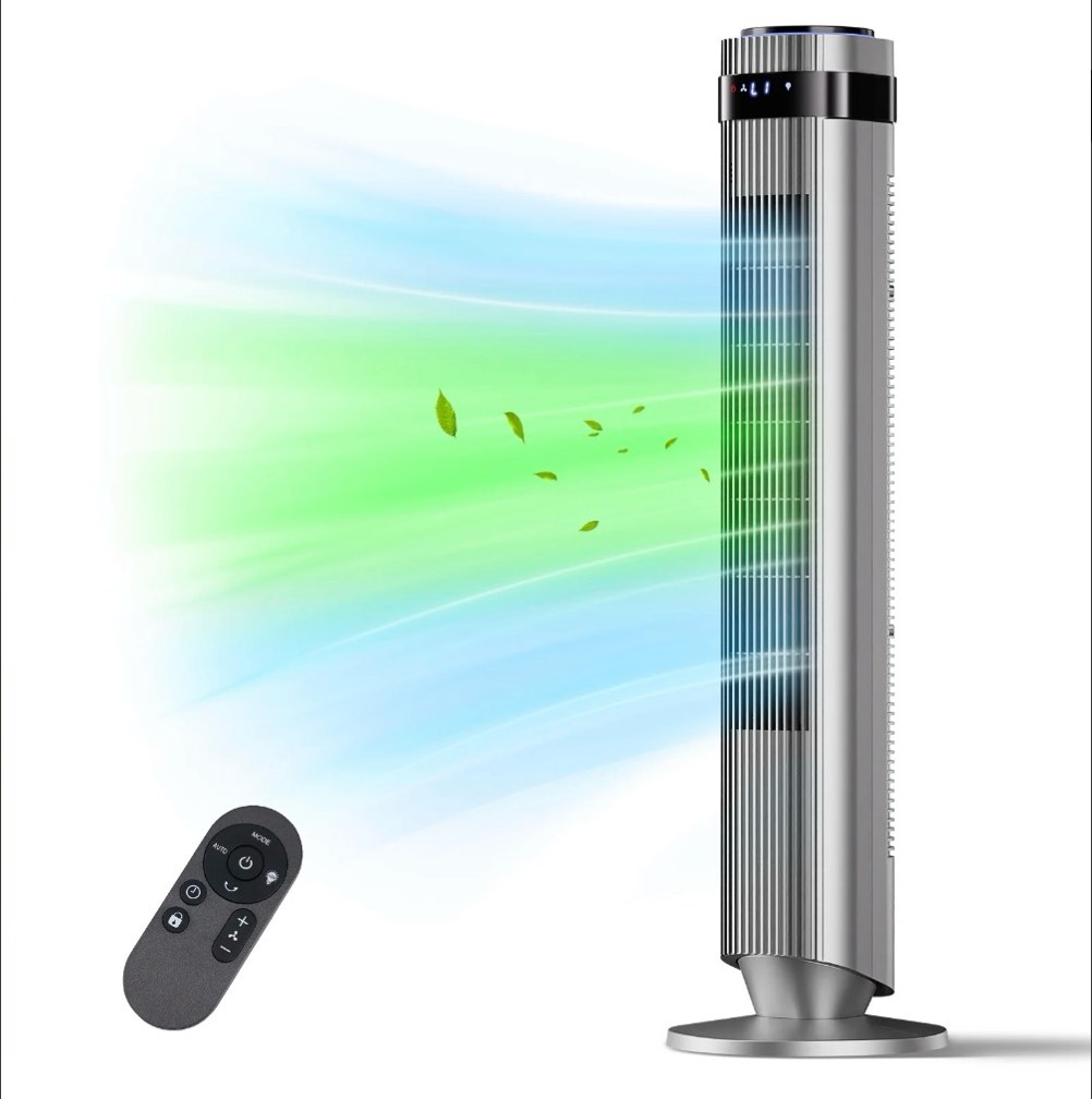 SHOUFTW Tower Fan Standing Bladeless, 23ft/s Velocity Quiet, 64° Oscillating with 5 Speeds, 4 Modes, 12H Timer for Indoor Bedroom, Gray