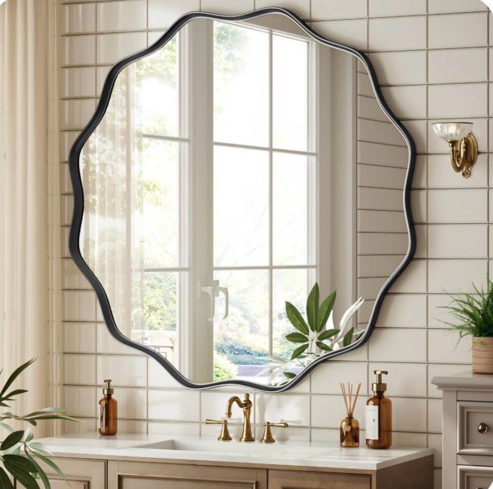 BEAUTYPEAK 36 Wavy Round Bathroom Mirror Wall Decor with Deep Frame Black
