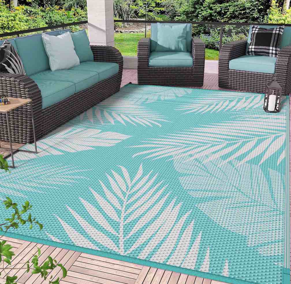 DEORAB Outdoor Rug 8 x10  Waterproof Reversible Patio Rug Portable Plastic Straw Outside Carprt for Beach Garden RV Camping Porch Deck Backyard  Aquablue & White