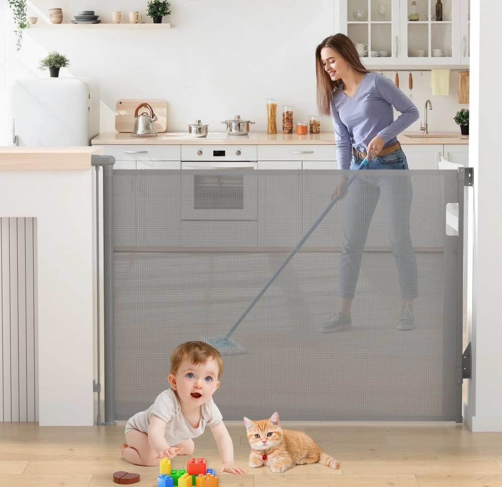 vomeast retractable safety gate,extends up to 55in wide,37.4in tall baby safety gates dog gate for doorways stairs(grey)