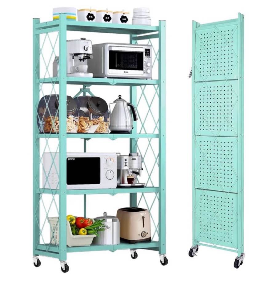 COOKCOK 5-Tier Storage Shelving Unit  Metal Shelf 27.9 x13.4 x62.5  Foldable Storage Shelf with Wheels  Garage Shelf  Metal Storage Rack  Kitchen Shelf with 4 Hooks No Assemble Require Blue