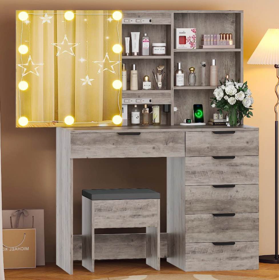 Ktaxon Vanity Table Set with Charging Stationfor Bedroom Makeup Dressing Table with Sliding Mirror Gray