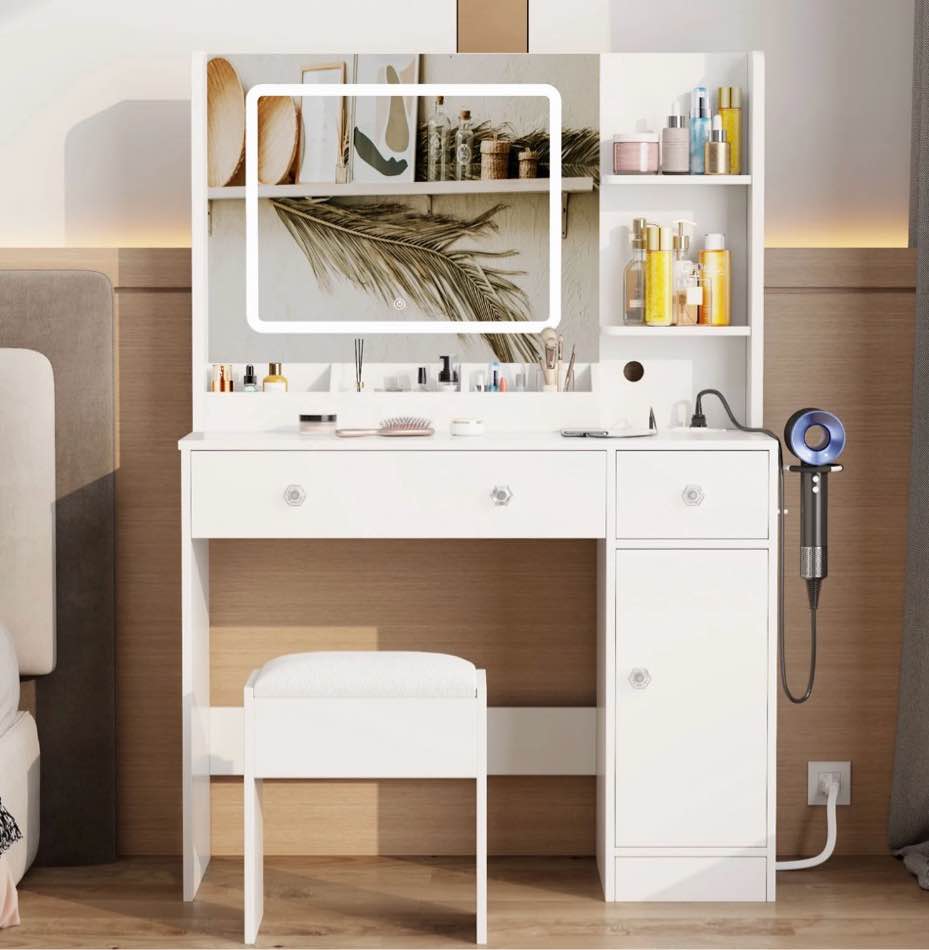 Satifur White Vanity Desk Set with Mirror and Lights, Makeup Table with Charging Station, Comfortable Bench, Big Vanity with 3 Storage Compartments, 39.4in