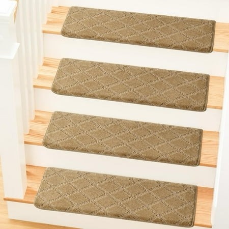 MBIGM Bullnose Carpet Stair Treads for Wooden Steps  Non-Slip Indoor Stair Runner w/ TPU Backing & Steel Reinforcement  Camel Diamond   4 Pack