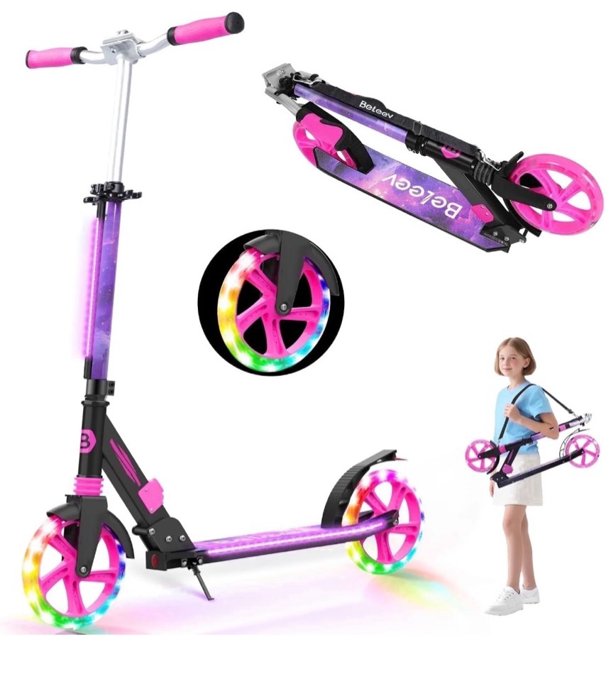 BELEEV Scooters for Kids Ages 6+ with Light-Up Deck, 2 Wheel Folding Scooter for Adults Teens, 4 Adjustable Height, Lightweight Sport Commuter Scooter, Galaxy Purple