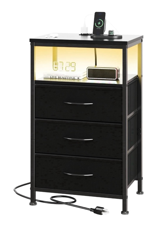EDX Nightstand with 3 Fabric Drawers, Charging Station with USB/Type-C Ports and Outlets, Adjustable Feet and Light Strip for Bedroom, Black