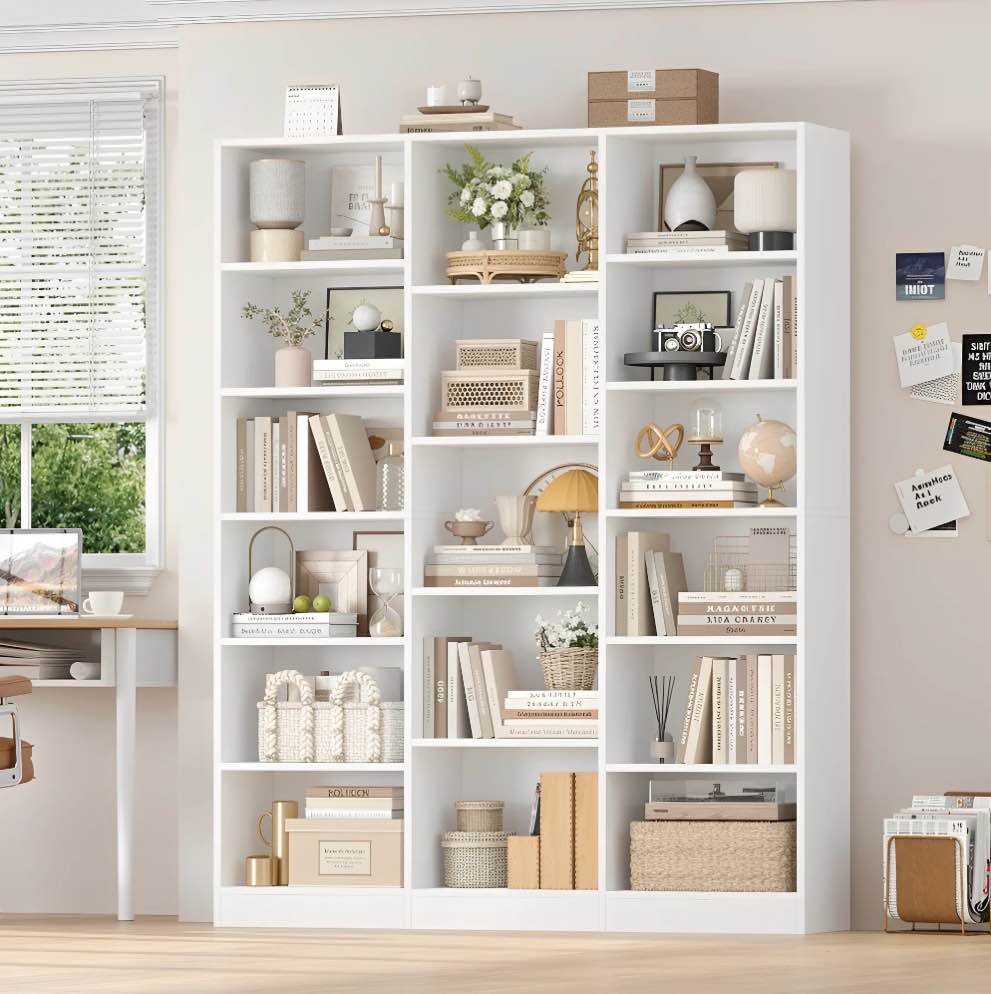 Homfa Triple Row 6-tier Bookshelf, 74 in Tall Bookshelf with 17 Open Display Shelves, Large Bookcase for Office Living Room, White