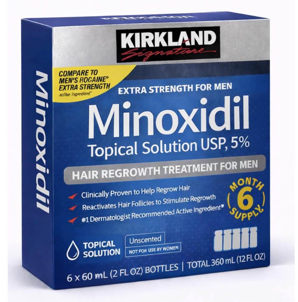 kirkland signature - 5% minoxidil for men hair regrowth treatment topical solution - 6 month supply (( exp - 2027 / jun ))