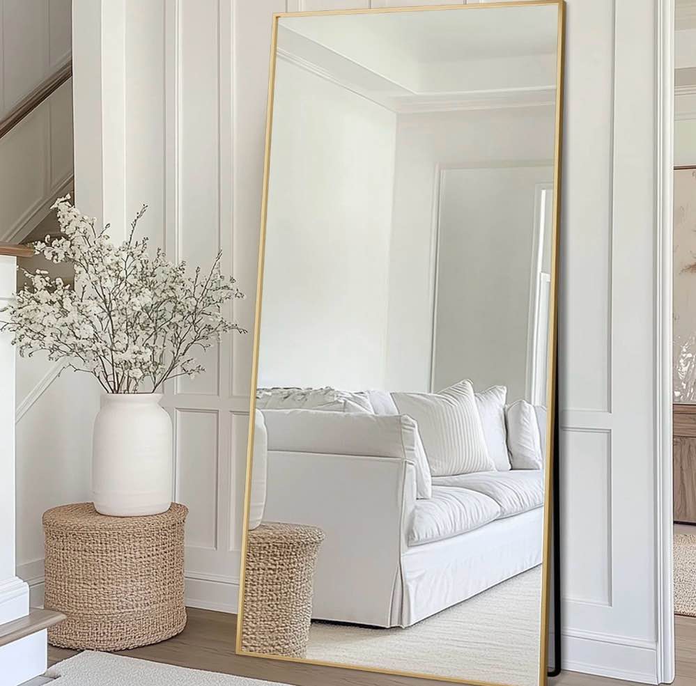 antok full length floor mirror 76 x34  rectangle floor standing tall mirror with aluminum frame  leaning  wall mounted or freestanding  gold