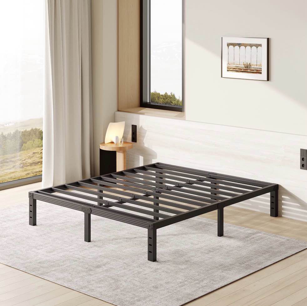 fschos 12 inch queen size bed frame, heavy duty metal platform, no box spring needed, easy assembly, black