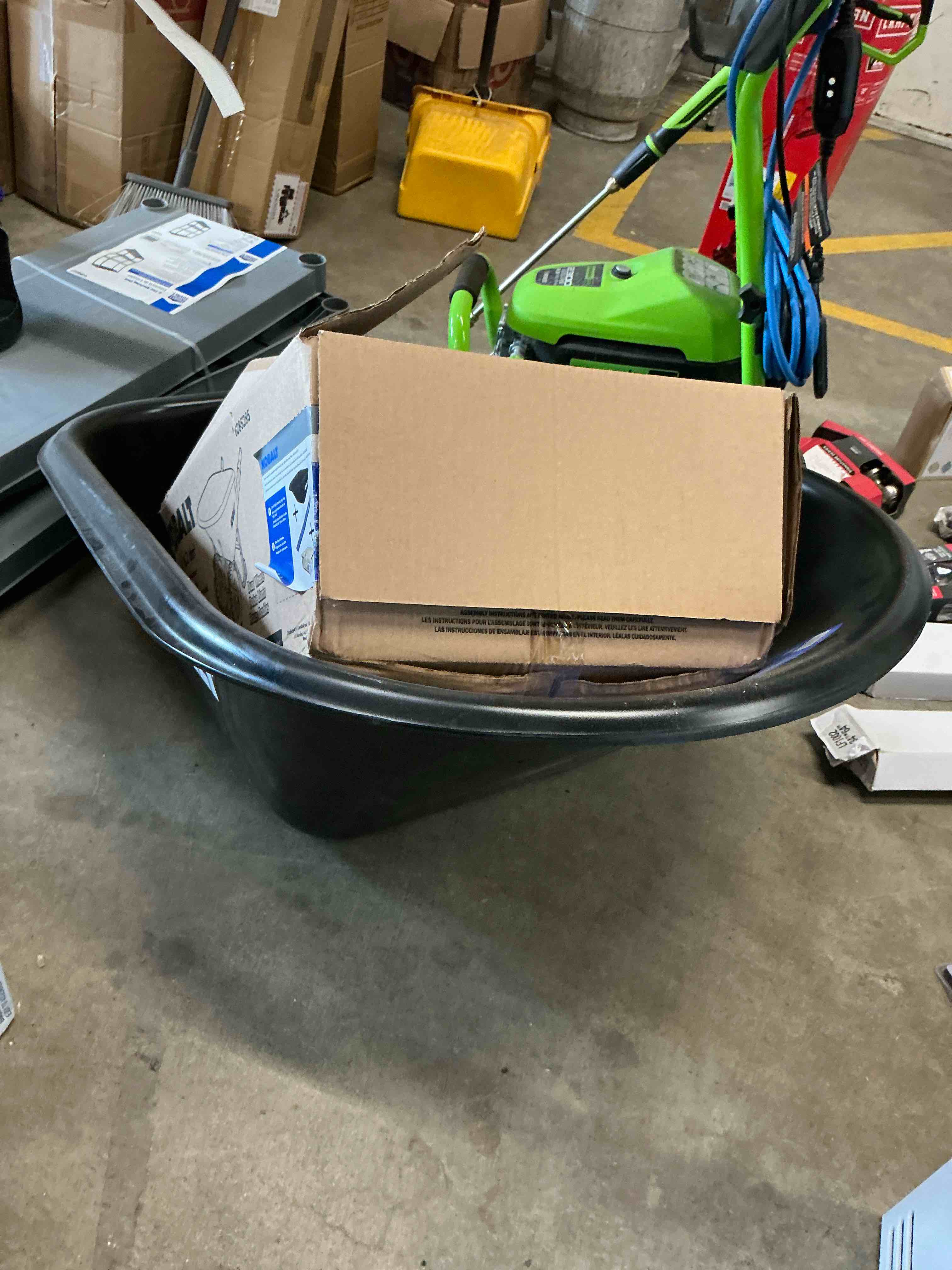 Condition photo showing Good Condition for kobalt 7-cu ft 2 wheel high-density poly push wheelbarrow. no handlebars.