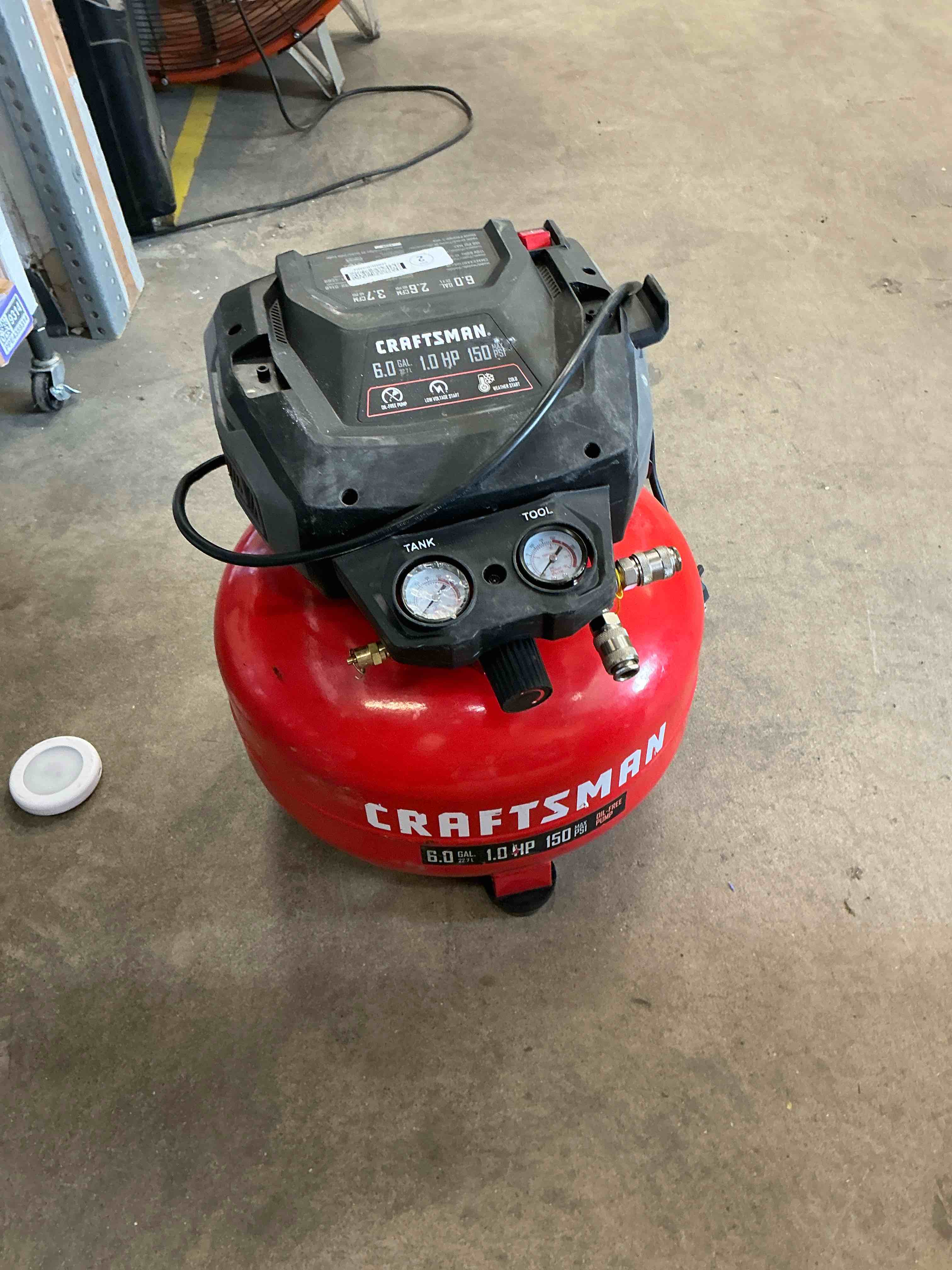 Condition photo showing Good Condition for craftsman air compressors 6 gallon portable pancake air compressor,oil free max 150 psi 1.0hp 2.6 cfm@90psi electric air compressor shop air compressor, cmxecxa02106410