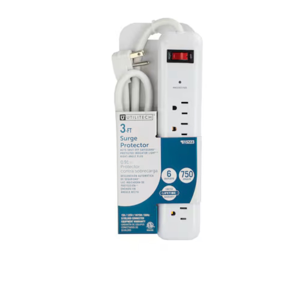 utilitech 3-ft surge protector 6 -outlet 750 joules 1875 -watts white indoor ac surge protector