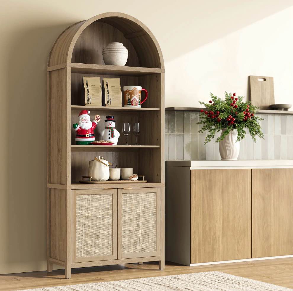 SICOTAS 84.2" Tall Rattan Pantry Cabinet with Adjustable Shelves - Large Farmhouse Kitchen Storage Organizer, Boho Dining Room Cabinet, Freestanding Arched Food Pantry with Doors ,Reclaimed Light Oak