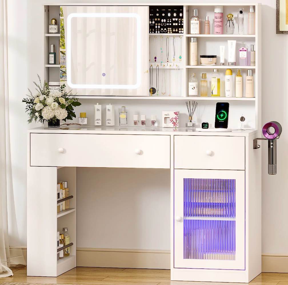 Ktaxon Makeup Vanity with Lighted Mirror,  Vanity Table Set w/ Charging Station, Side Rack, White