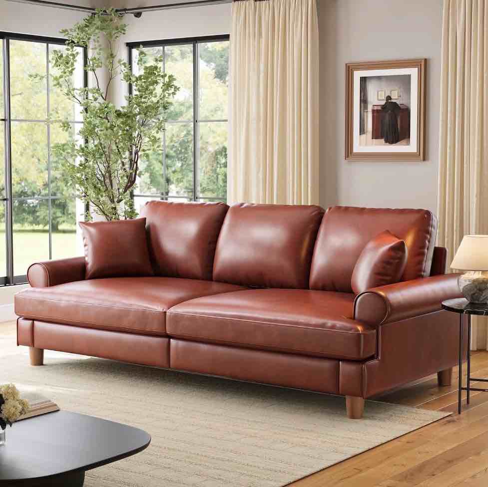87" Couch Premium PU Leather Sofa, Comfy Extra Deep Seat 3 Seater Couch for Living Room, with 2 Pillows, Brown