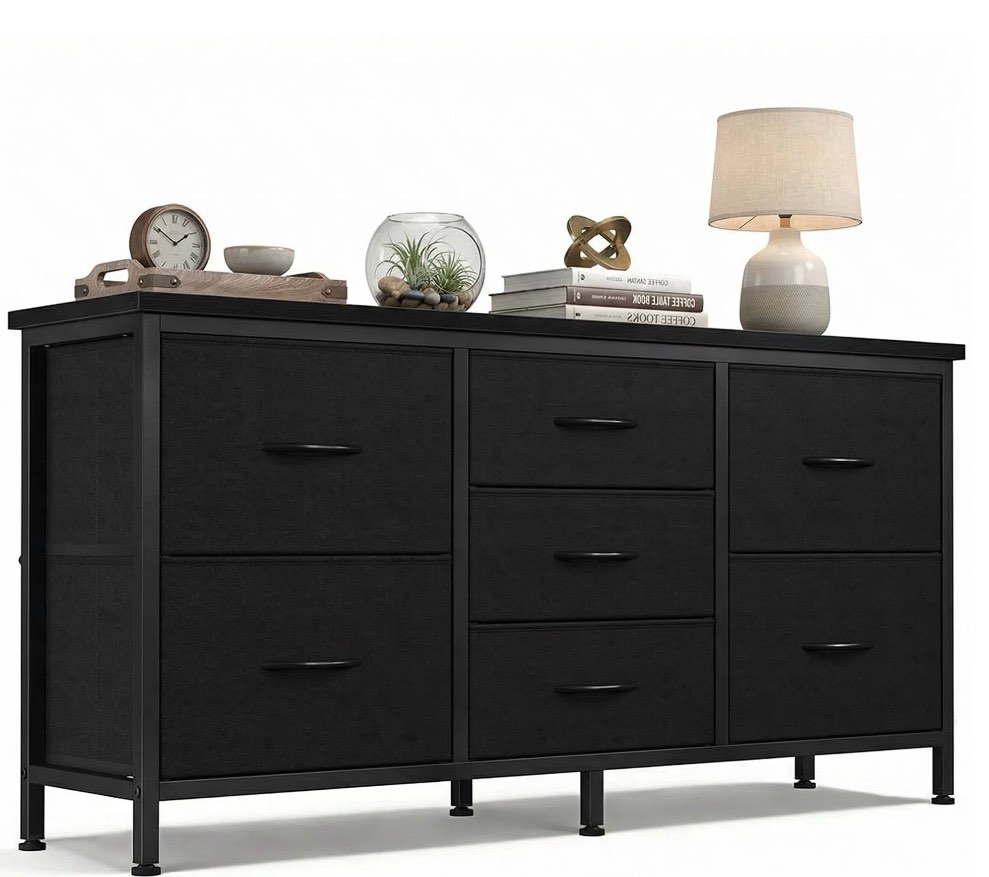 edx 7 Drawer Dresser for Bedroom, 47.2" Fabric Drawers with Wood Top Metal Frame, Wide Storage Organizer for Closet, Hallway & Living Room, Black
