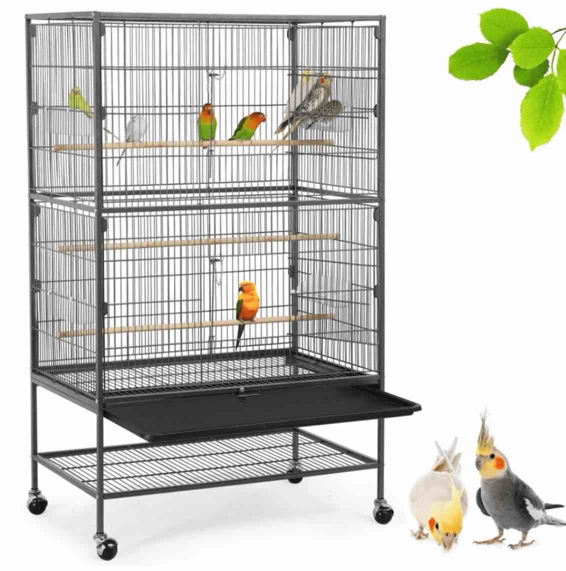 Yaheetech 52 H Metal Rolling Bird Cage with 3 Perches & 4 Feeders & Extra Storage Shelf  Black