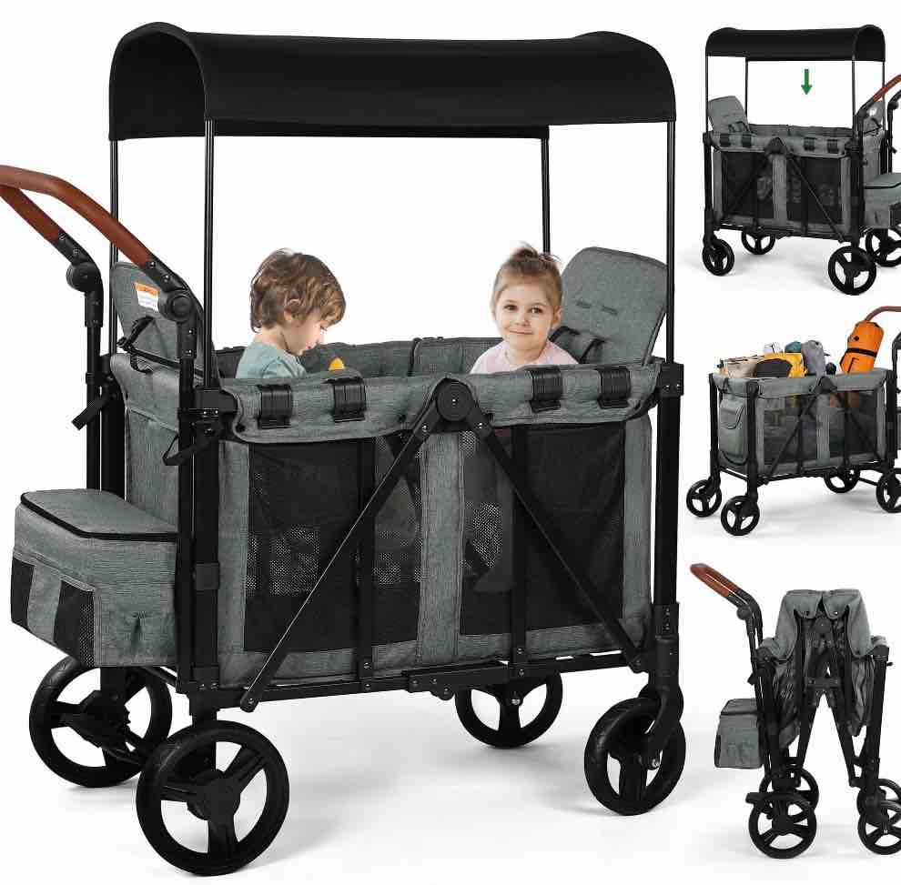 Vomeast Wagon Stroller for 2 Kids, 3-in-1 Outdoor Baby Stroller Wagon with Canopy, 5-Point Harness, Adjustable Handlebars, Removable Seat for Toddlers, Grey