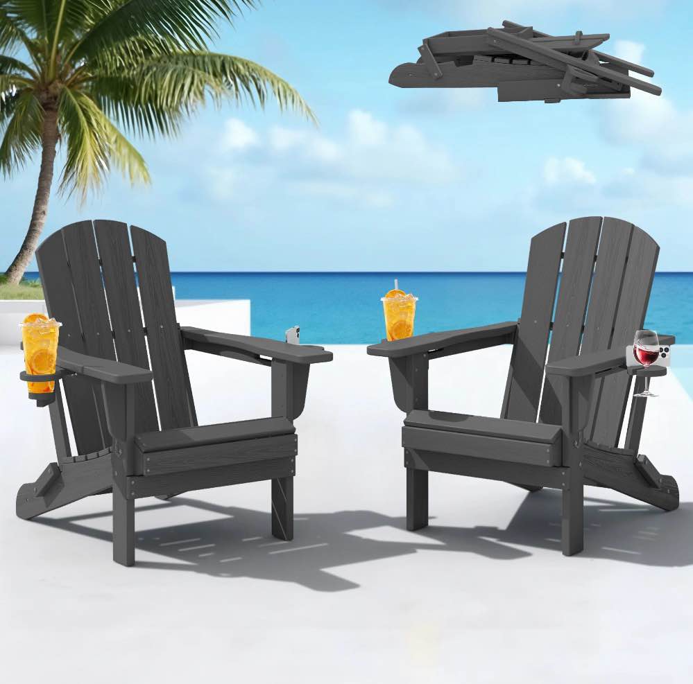 SERWALL Folding Adirondack Chair Set of 2 with Dual Cup Holders & Phone Holder, All-Weather HDPE Fire Pit Chairs for Outdoor, Patio, Poolside, Garden - Gray