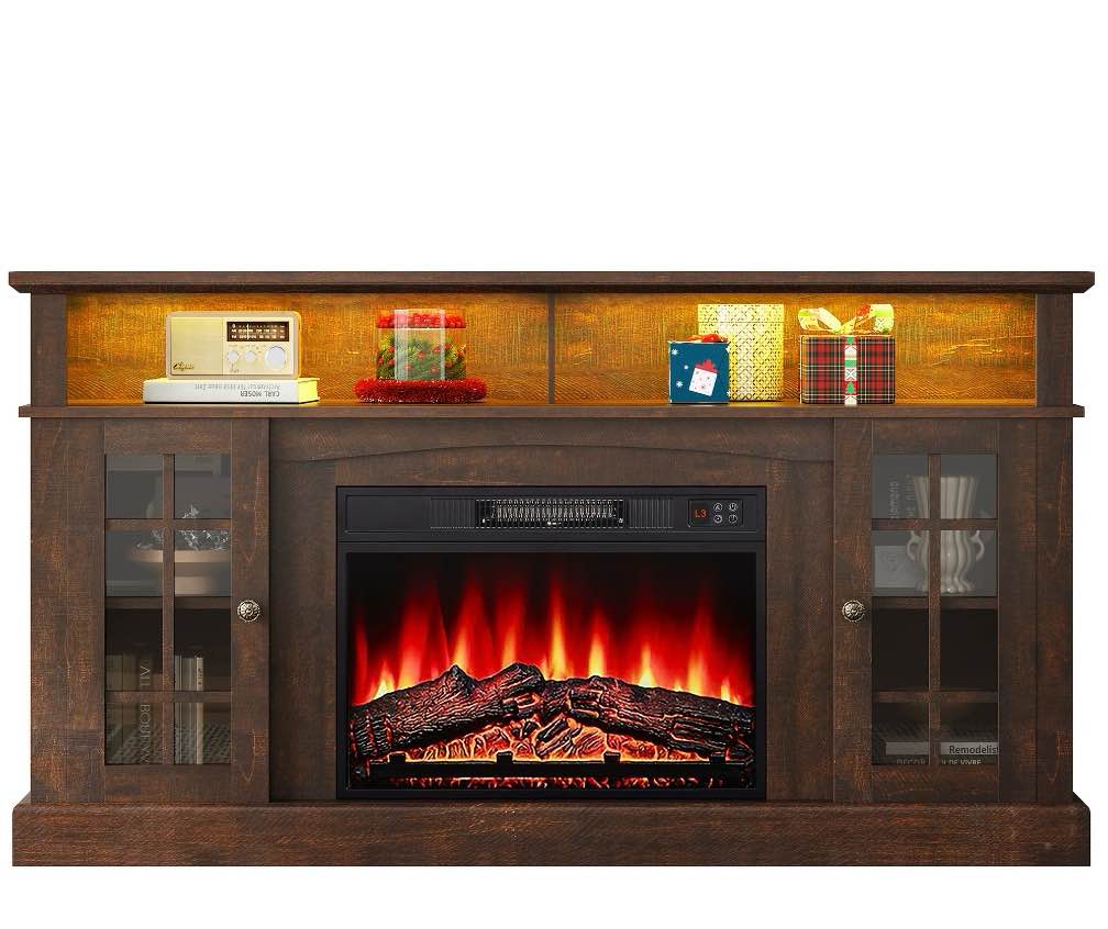 SESSLIFE Fireplace TV Stand for 65 Inch TV, TV Console with 23''Electric Fireplace, Console Entertainment Center Television Table for Living Room or Bedroom, Brown