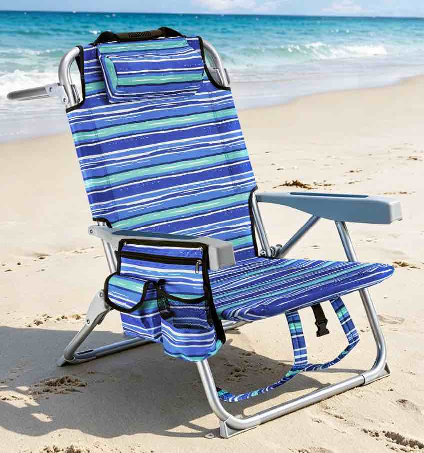 GVDV Backpack Beach Chair for Adults, Portable Folding Beach Chair with Cup Holder and Towel Rack, 4-Position Adjustable Reclining Chair for Beach, Camp, Outdoor