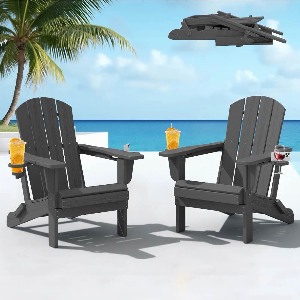 SERWALL Folding Adirondack Chair Set of 2 with Dual Cup Holders & Phone Holder, All-Weather HDPE Fire Pit Chairs for Outdoor, Patio, Poolside, Garden - Gray