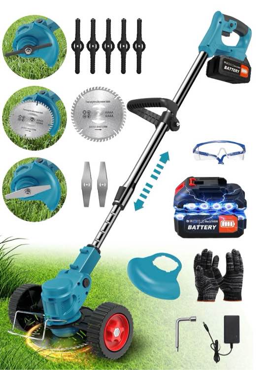 TNTANTS Weed Wacker Cordless, 3-in-1 Lightweight Electric String Trimmer with 3 Types of Blades, Wheels, 24V Battery, Weed Eater Grass Trimmer/Edger/Brush Cutter for Lawn Yard Garden (Blue)