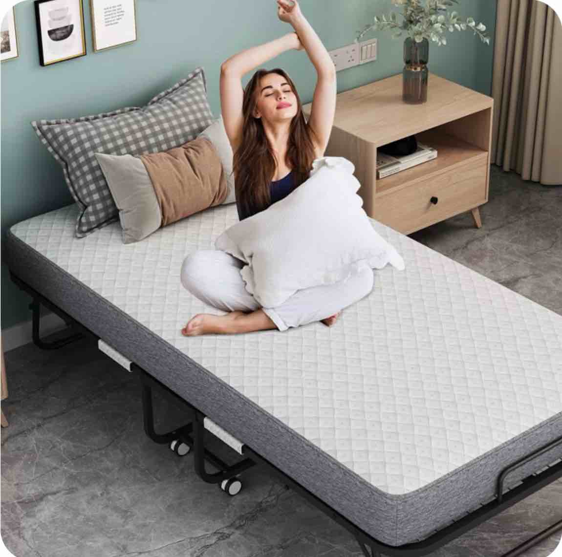 Folding Bed with Mattress 75" x 31" Cot Size Need Assembly Rollaway Guest Bed Portable Foldable Extra Bed for Adults Daybed with 5" Memory Foam Mattress Space-Saving Sturdy Metal Grid Frame