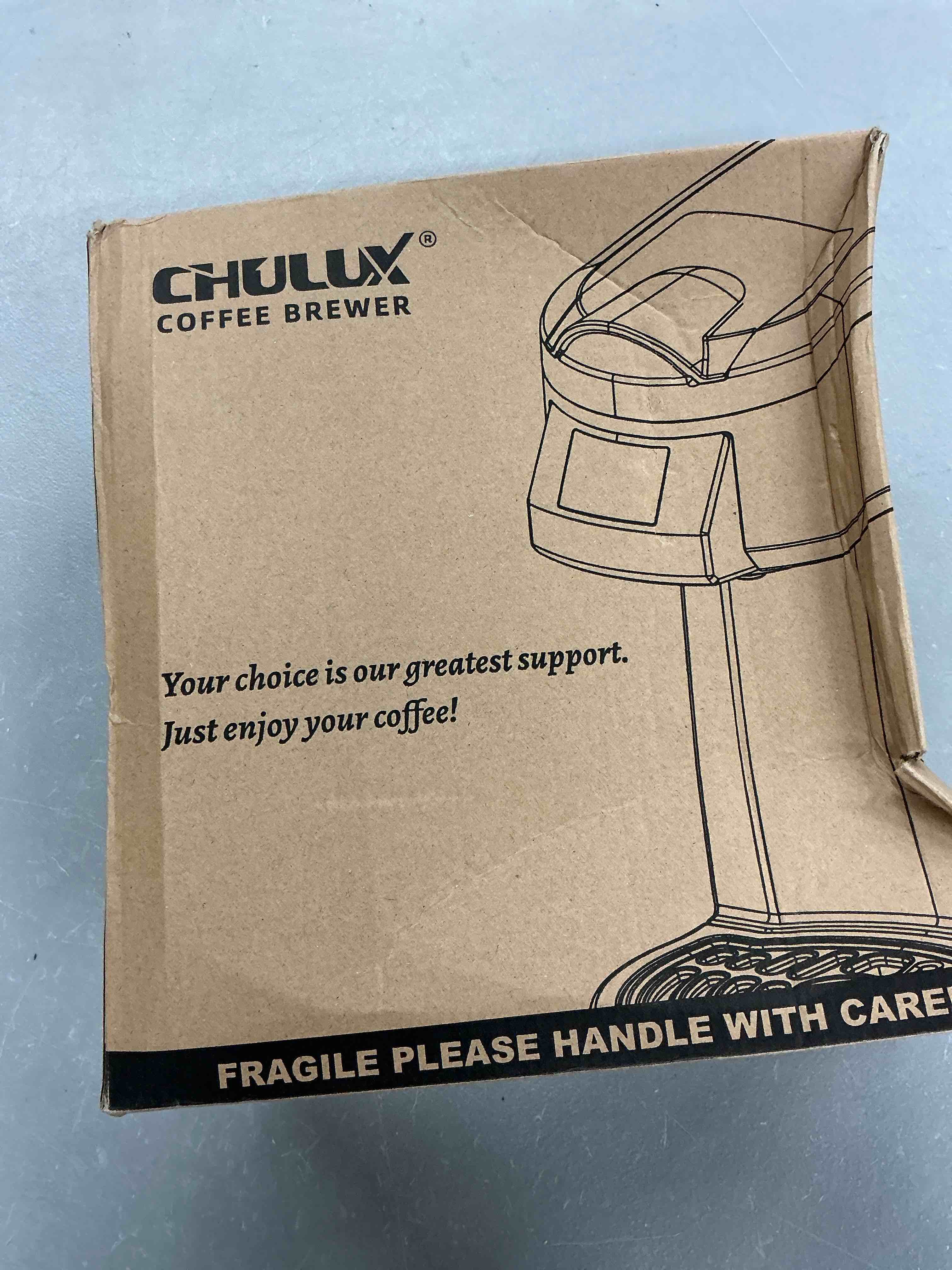 Condition photo showing New/Like New for chulux lite single serve coffee maker for k cup capsules, single cup reservoir coffee maker with one touch brewing, 5 to 12 oz brew sizes, designed specifically for standard mugs, black