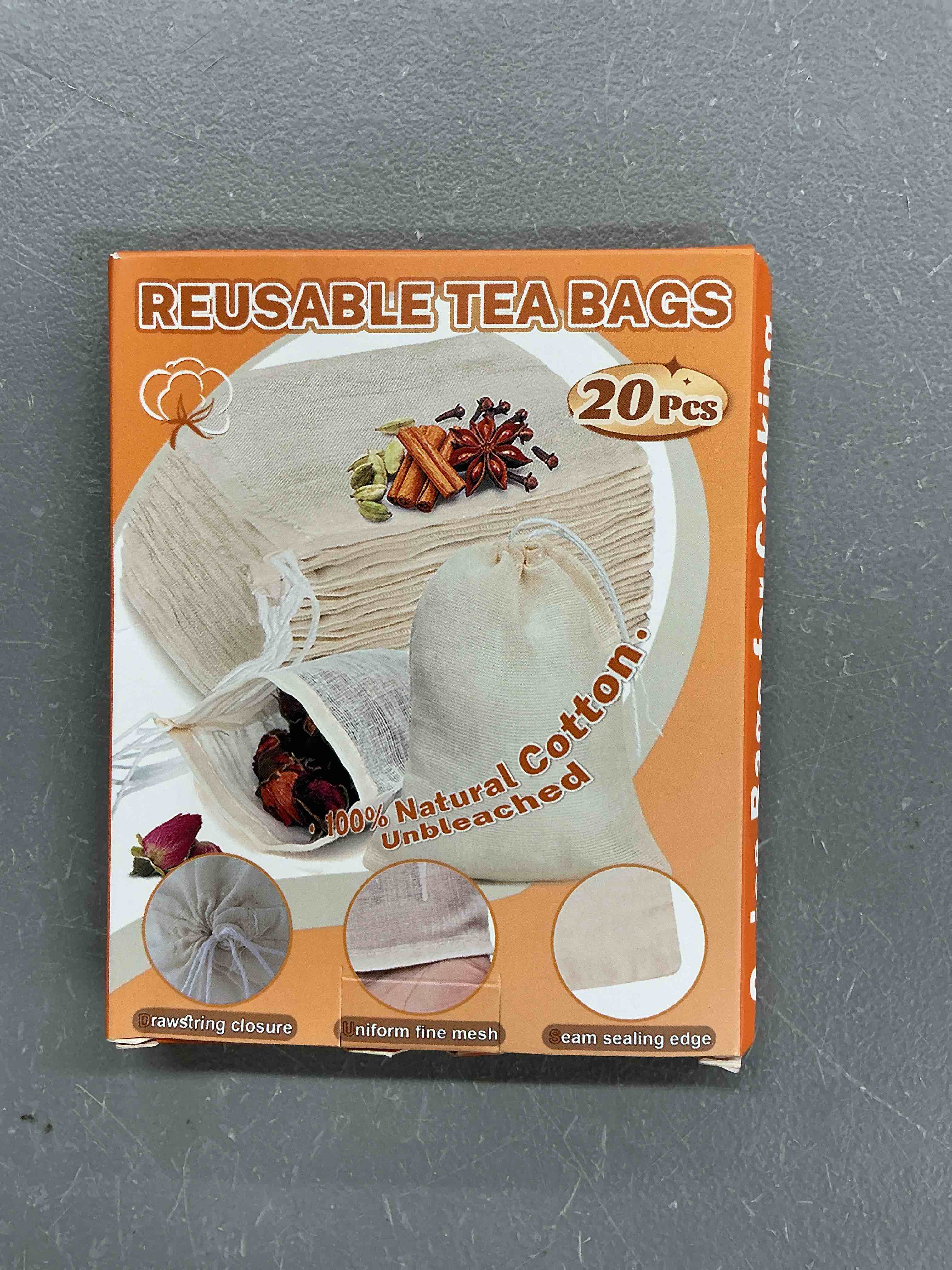 Condition photo showing Good Condition for 20 pcs muslin bags with drawstring, reusable tea bags, spice bags for cooking soup/herb/loose leaf tea, natural cotton small cheese cloth bag for straining, sachet bags empty, 4 x 3 inches 3 x 4 inches