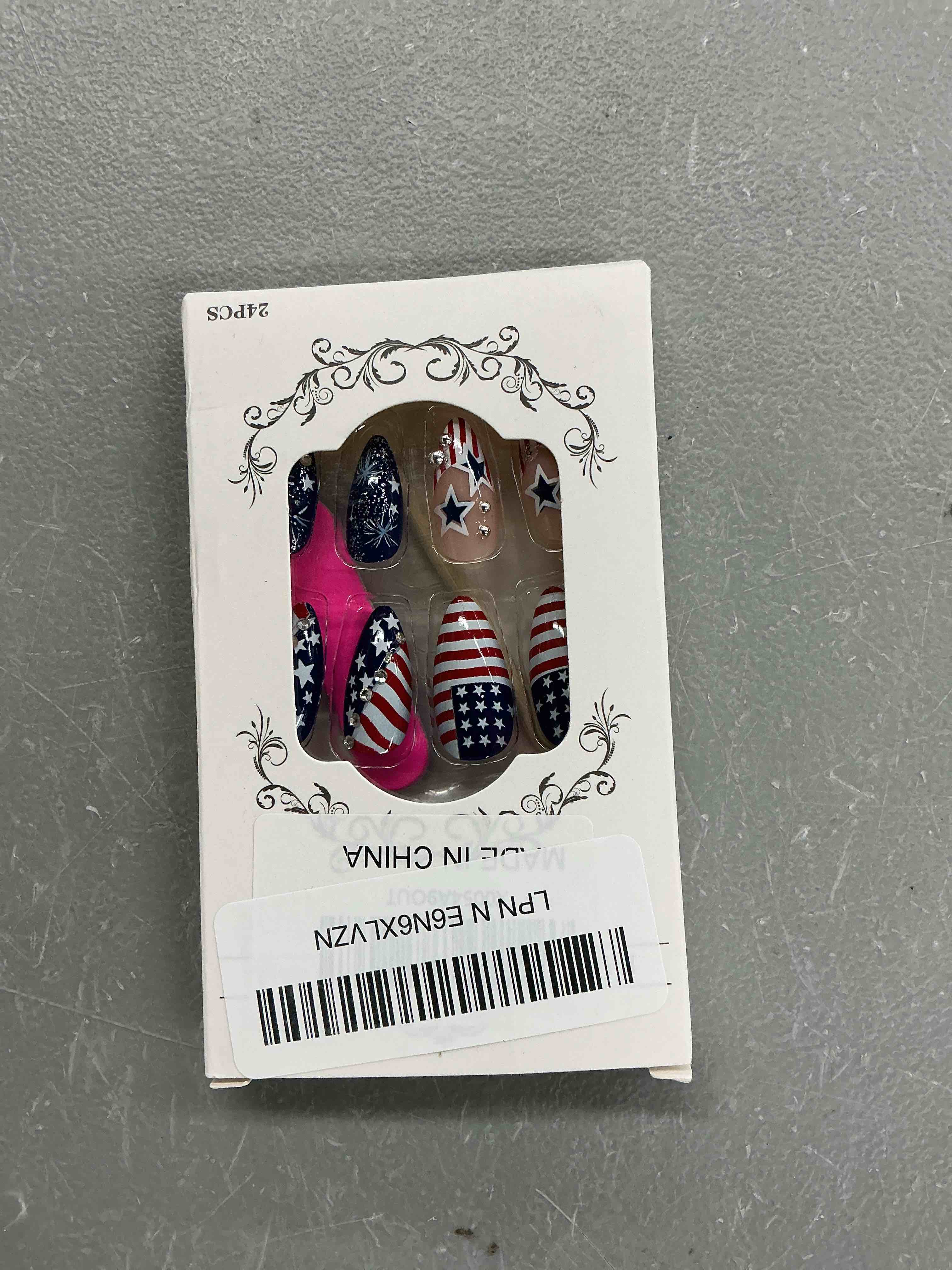 Condition photo showing New/Like New for 24pcs 4th of july press on nails medium almond fake nails with glitter designs french tip american flag acrylic nails independence day star false nail patriotic full cover stick on nails for women colorful-11