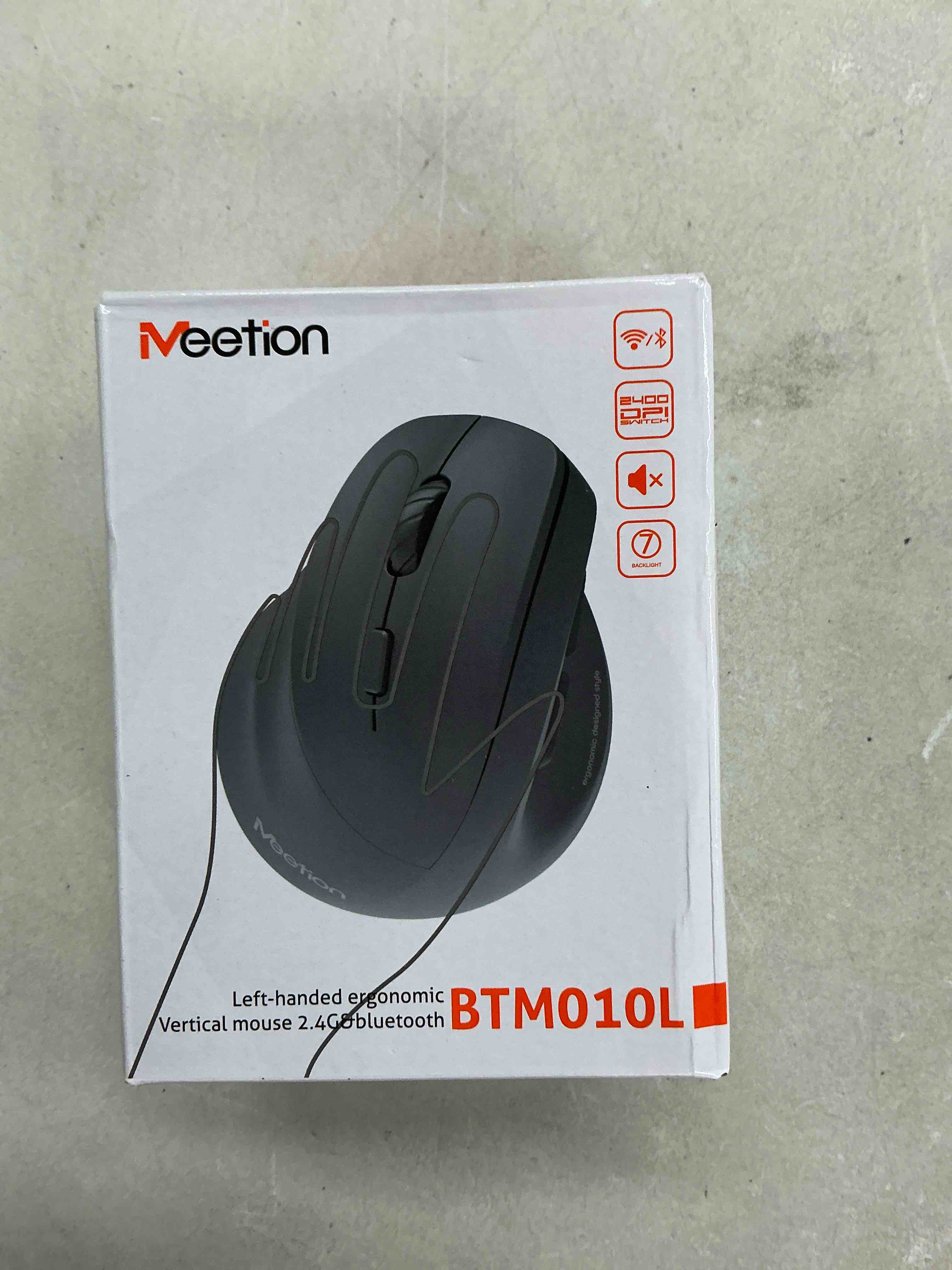 Condition photo showing New/Like New for meetion left-handed ergonomic mouse, wireless vertical rgb rechargeable mouse, bluetooth(5.2 + 3.0) & usb-a with usb-c adapter 4 adjustable dpi mice for mac/windows/pc/tablet/ipad black left-handed black ?for large left hands)
