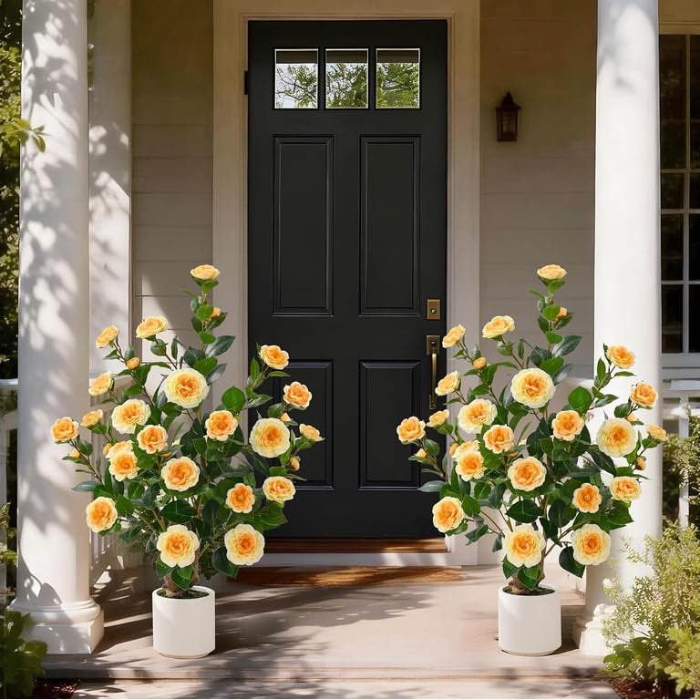 Lyacmy 3ft Yellow Camellia Artificial Tree, 2 Pack, Potted, Artificial Plants for Indoor and Outdoor Use, Home Decor