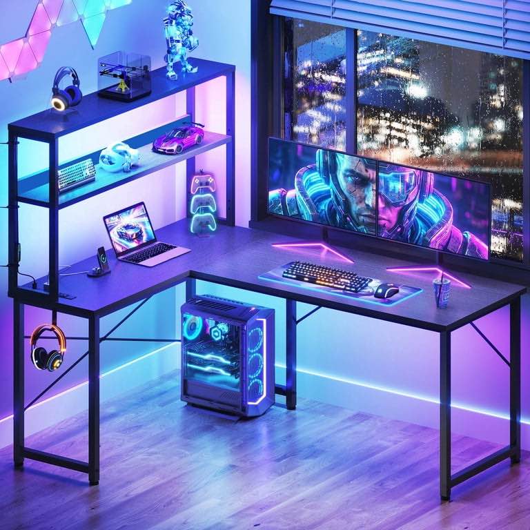 53-Inch L-Shaped Office Desk with Power Outlets, Gaming Desk with LED Lights for Home Office, Corner Computer Desk with Booth, Black